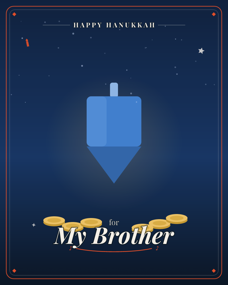 A blue wooden dreidel standing upright above a scatter of gold chocolate coins on a dark blue ground, a hanukkah e-card design