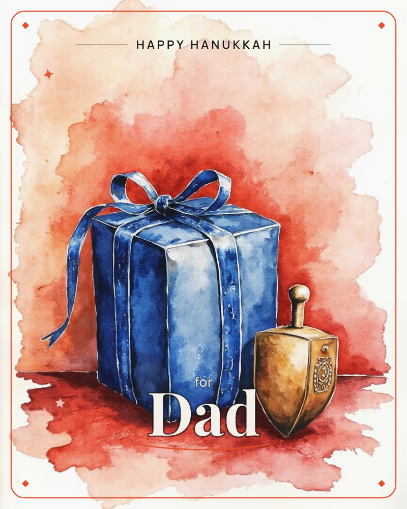 A wrapped blue gift box with a glossy ribbon bow sits beside a golden dreidel, both rendered against a loose wash of coral and peach watercolour that…, a hanukkah e-card design