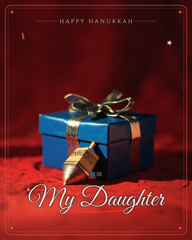 A deep blue gift box sits on rich red velvet, wrapped in a shimmering gold ribbon tied into a loose bow, a hanukkah e-card design