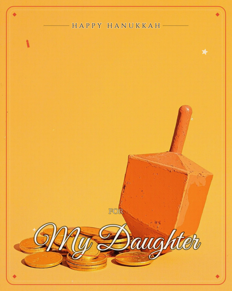 A wooden dreidel painted in warm orange sits tipped on its side against a glowing yellow-orange backdrop, surrounded by a scattered pile of gold…, a hanukkah e-card design