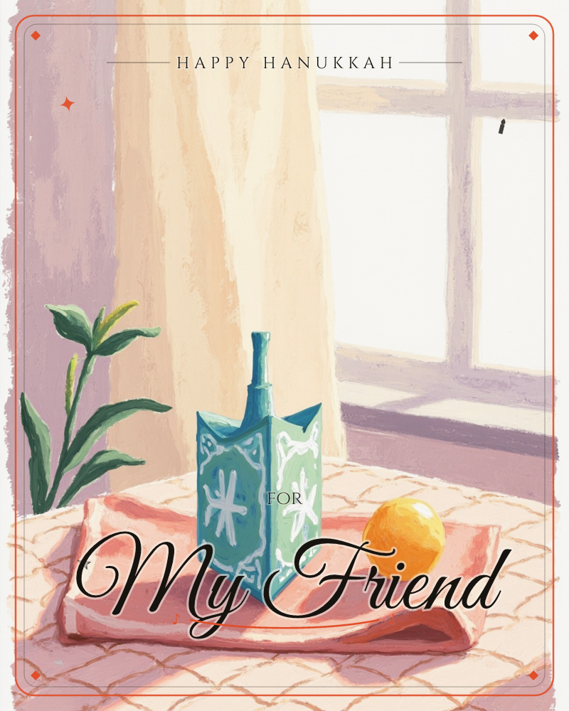 A teal and white patterned dreidel stands upright on a folded pink cloth beside a small golden ball, set on a windowsill with sheer curtains and soft…, a hanukkah e-card design