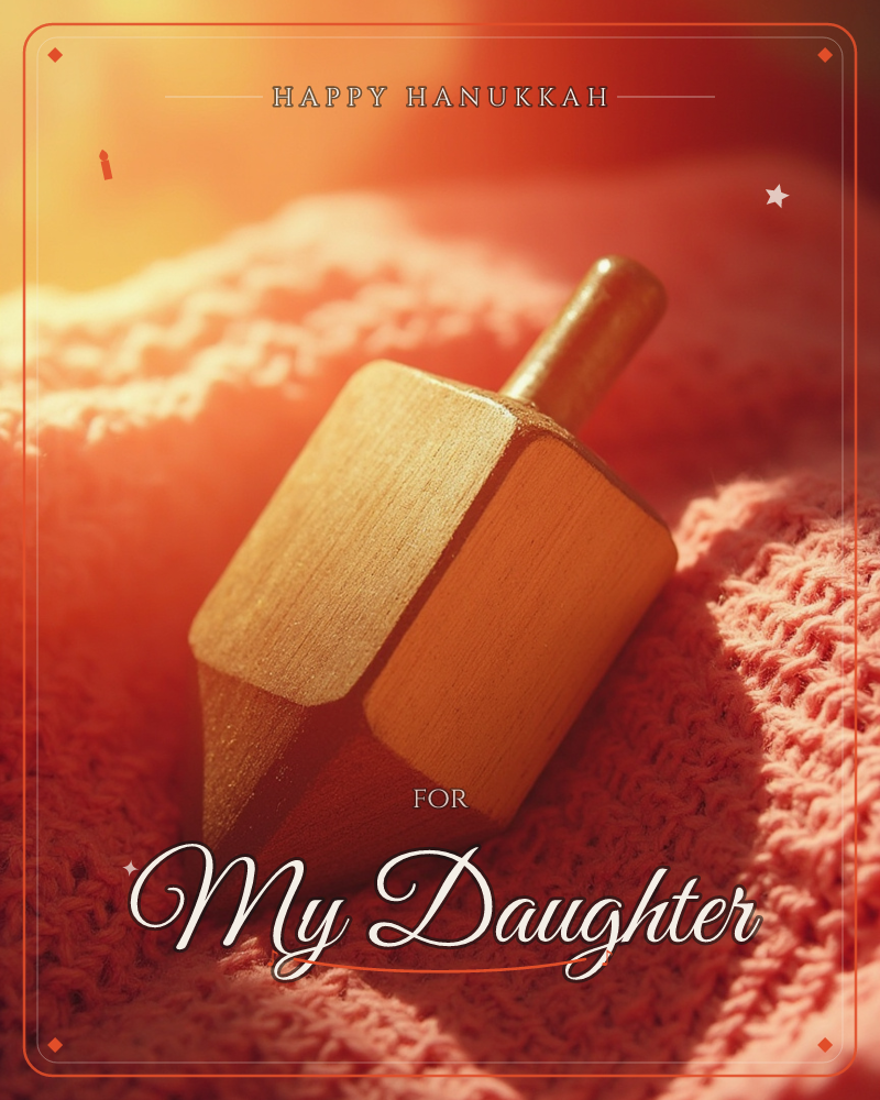 A wooden dreidel rests on its side atop a chunky knitted blanket, its brass handle catching warm golden light that spills in from one corner, a hanukkah e-card design