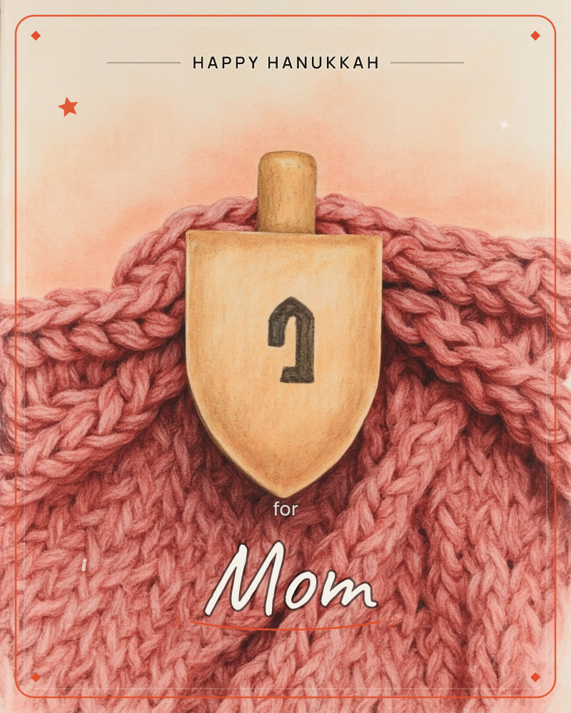 A wooden dreidel with the Hebrew letter gimel painted on its side rests atop a thick, rose-pink knitted blanket, its stitches rendered in soft…, a hanukkah e-card design