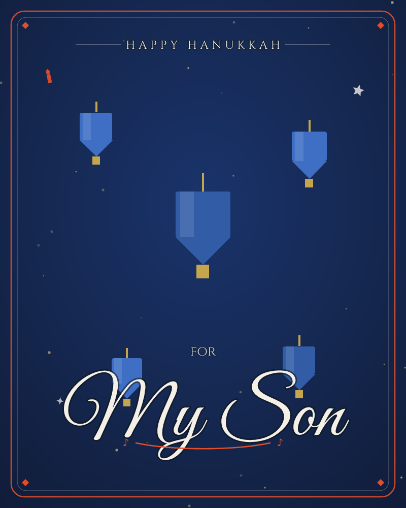 Five blue dreidel-like spinning tops float against a deep midnight-blue starry background, each topped with a small gold peg and finished with a golden…, a hanukkah e-card design by @DittyCityTeam
