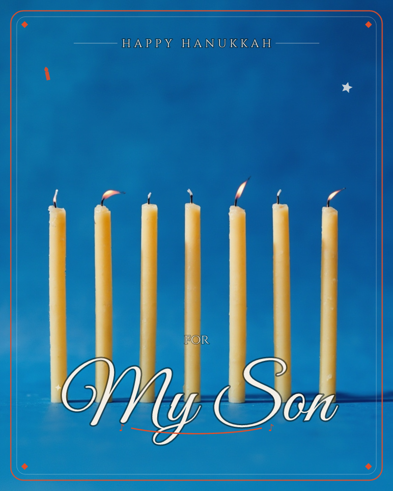 Seven slim beeswax-yellow candles stand in a row against a bold cobalt-blue background, each flame flickering at a slightly different angle, a hanukkah e-card design