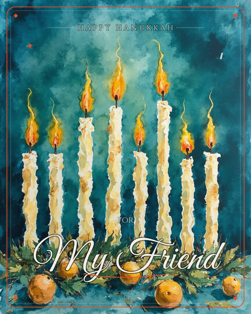 Eight tall ivory candles stand in a row, each topped with a flickering golden flame, their wax dripping unevenly down the sides, a hanukkah e-card design