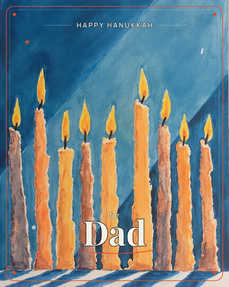 Nine lit candles stand in a row against a deep blue background split by a diagonal band of lighter teal, their flames glowing gold above wax bodies…, a hanukkah e-card design