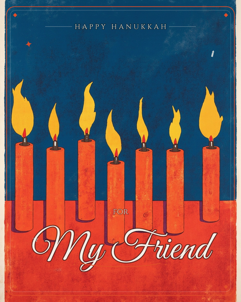 Seven bold orange candles of varying heights stand in a row against a deep navy sky, their yellow flames flickering unevenly above a flat red tabletop, a hanukkah e-card design