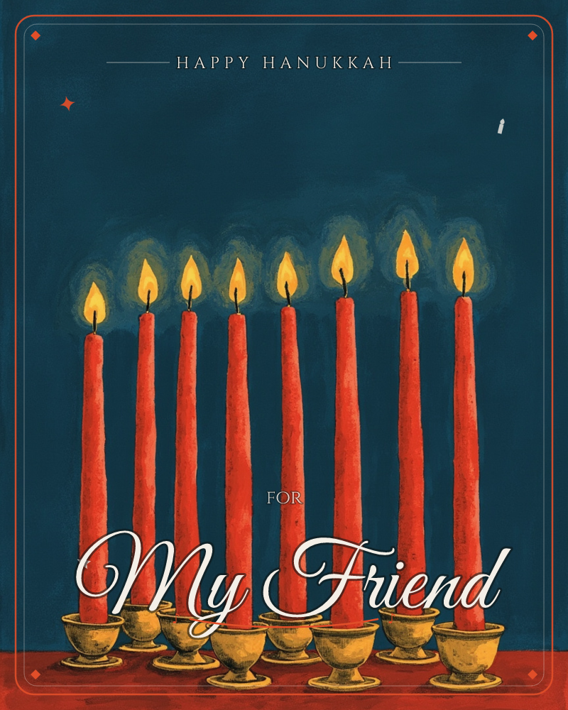 Eight tall red taper candles stand in a row of small brass cups, each flame glowing with a soft golden halo against a deep midnight-blue background, a hanukkah e-card design