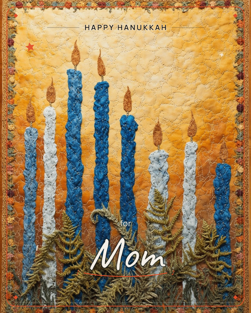 A textile-art card shows nine tall candles in blue and white textured fabric, their embroidered flames glowing gold against a warm amber background, a hanukkah e-card design