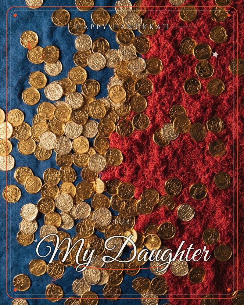 Dozens of small gold coins, each stamped with engraved script, are scattered across a split background of deep navy velvet and a coarse red woven textile, a hanukkah e-card design