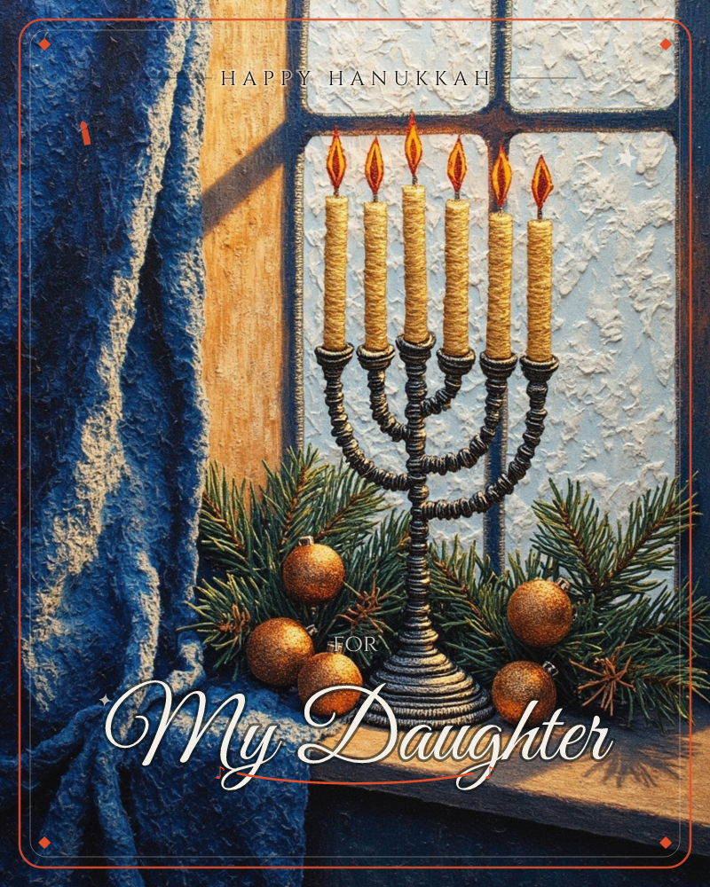 A six-branched candelabra glows with lit candles on a wooden windowsill, framed by a heavy blue curtain and a frosted windowpane, a hanukkah e-card design