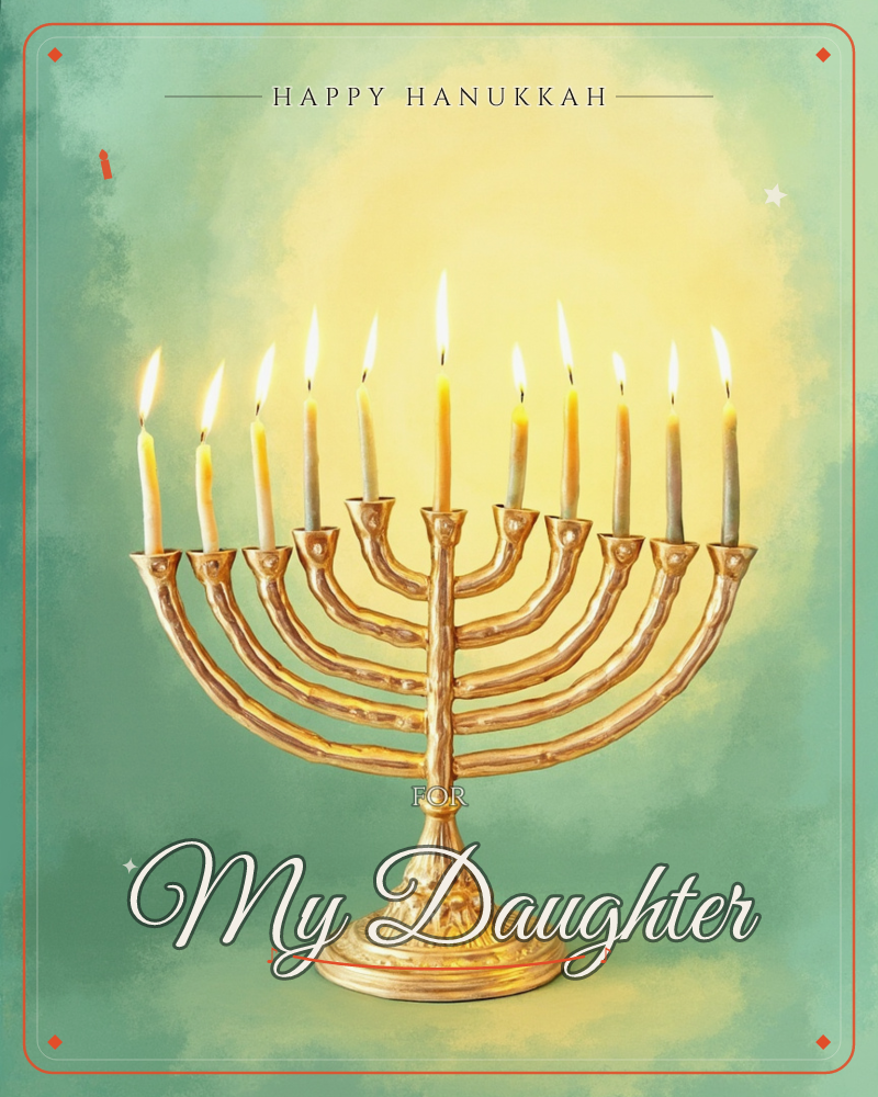 A gleaming brass menorah stands centred against a soft teal-green background, all nine candles lit and glowing with a warm golden halo of light behind…, a hanukkah e-card design