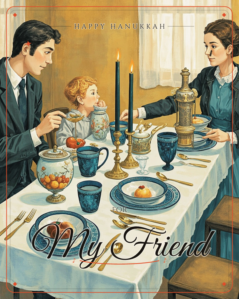 A man, a woman, and a child sit around a formal dinner table set with blue-and-white china, gold cutlery, and two lit black candles in brass holders, a hanukkah e-card design