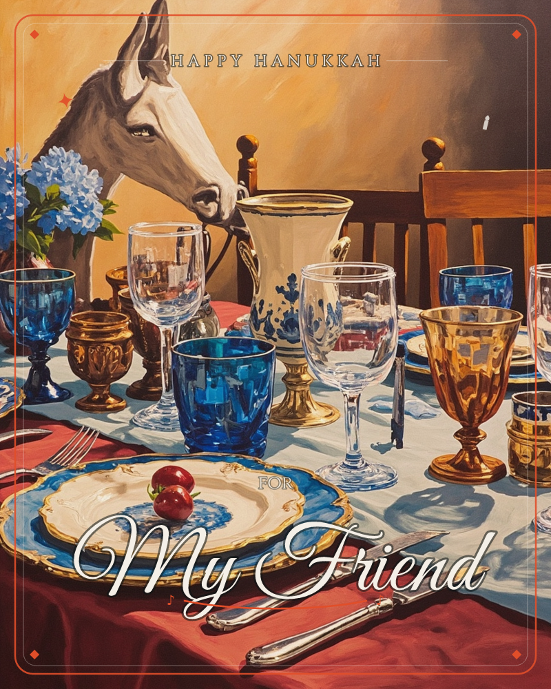 A donkey pokes its head over a richly set table, surveying an elegant spread of blue and gold glassware, patterned china, and a painted pitcher, a hanukkah e-card design