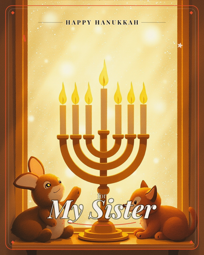 A glowing menorah with seven lit candles stands at a windowsill, its warm light spilling across a hazy golden background dotted with soft light flares, a hanukkah e-card design