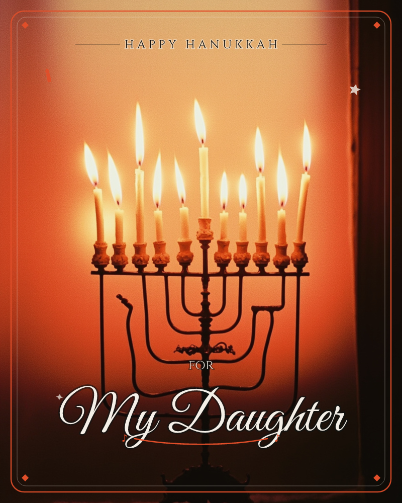 A menorah stands fully lit with all nine candles burning steadily against a warm, glowing orange backdrop, a hanukkah e-card design