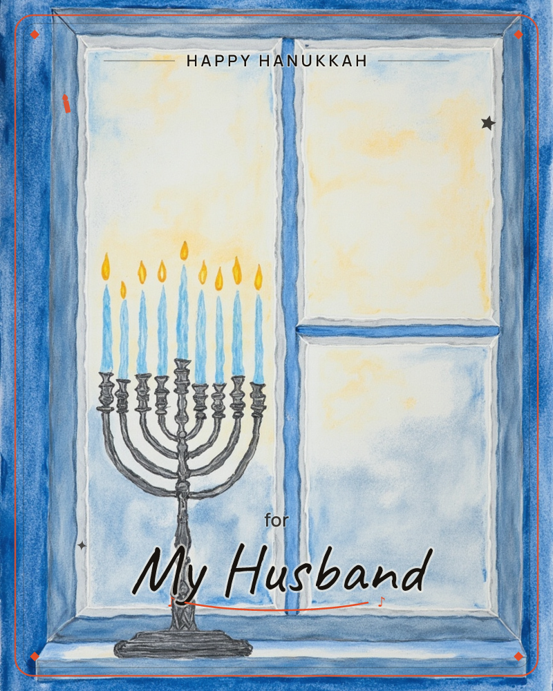 A nine-branched menorah stands on a windowsill with pale blue candles lit, their flames glowing against a windowpane washed in soft golds and blues, a hanukkah e-card design