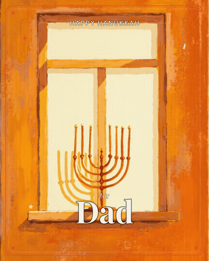 A nine-branched menorah sits on a windowsill, its candles unlit, glowing amber against a pale window and warm orange wall, a hanukkah e-card design