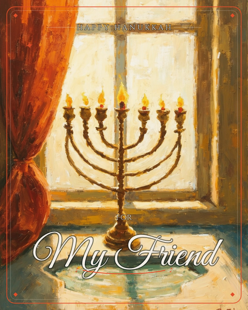 A brass menorah stands lit on a windowsill, its seven flames glowing against warm golden panes of glass, a hanukkah e-card design