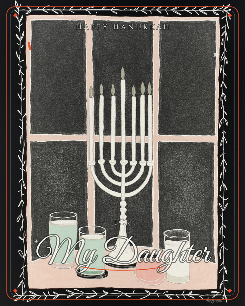 A tall white menorah with lit candles stands centered on a blush pink windowsill, framed by a dark night sky through pink-paned windows, a hanukkah e-card design