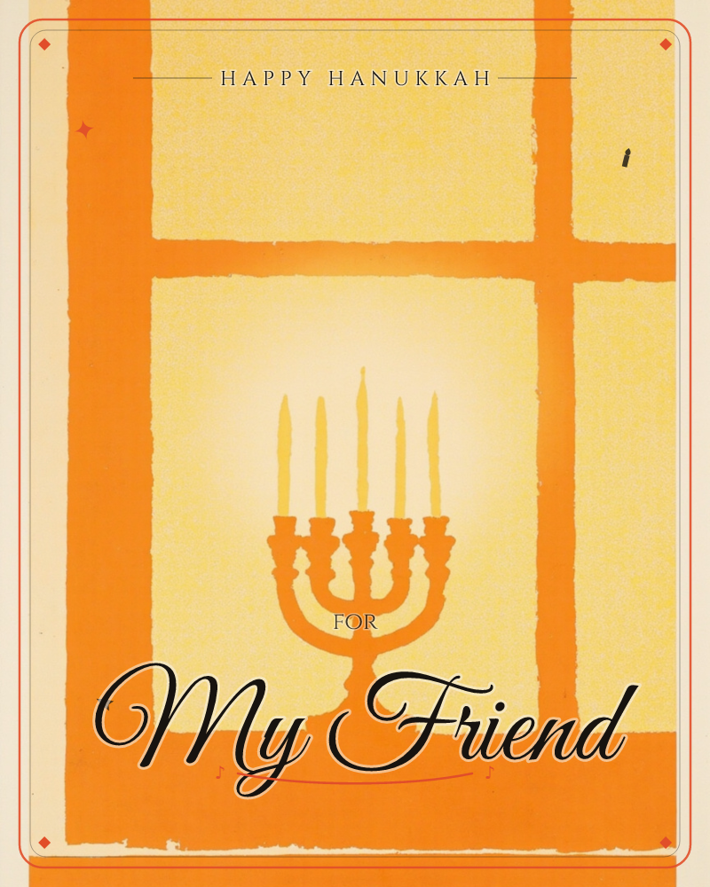 A five-branched candelabra sits in a windowsill, its candles glowing against warm amber and orange panes lit from behind, a hanukkah e-card design
