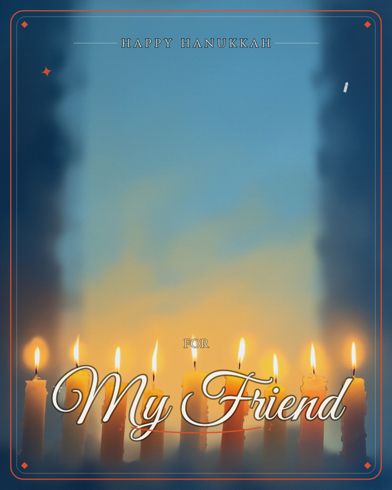 A row of nine slender candles glows against a hazy blue background, their flames casting a warm golden light that fades upward into cool dusk tones, a hanukkah e-card design