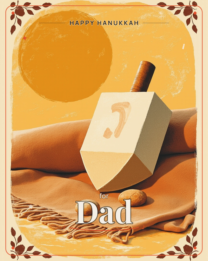 A large wooden dreidel with a Hebrew letter painted on its side rests on a fringed cloth, propped up as if just spun to a stop, a hanukkah e-card design