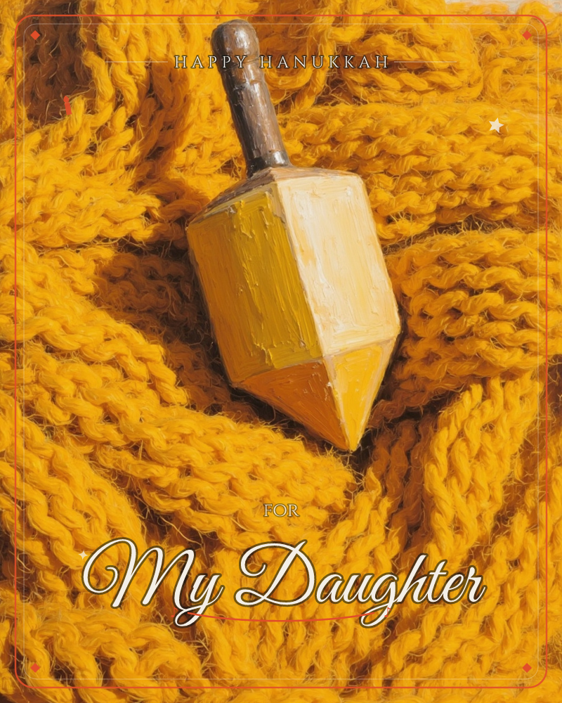 A wooden dreidel with a dark painted handle rests atop a thick coil of golden-yellow knitted wool, a hanukkah e-card design