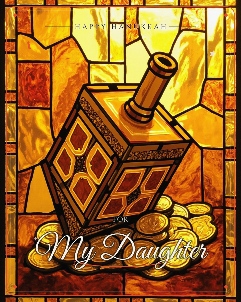 A golden dreidel tilts atop a scattered pile of coins, rendered as a stained-glass window glowing with amber, honey and deep red light, a hanukkah e-card design