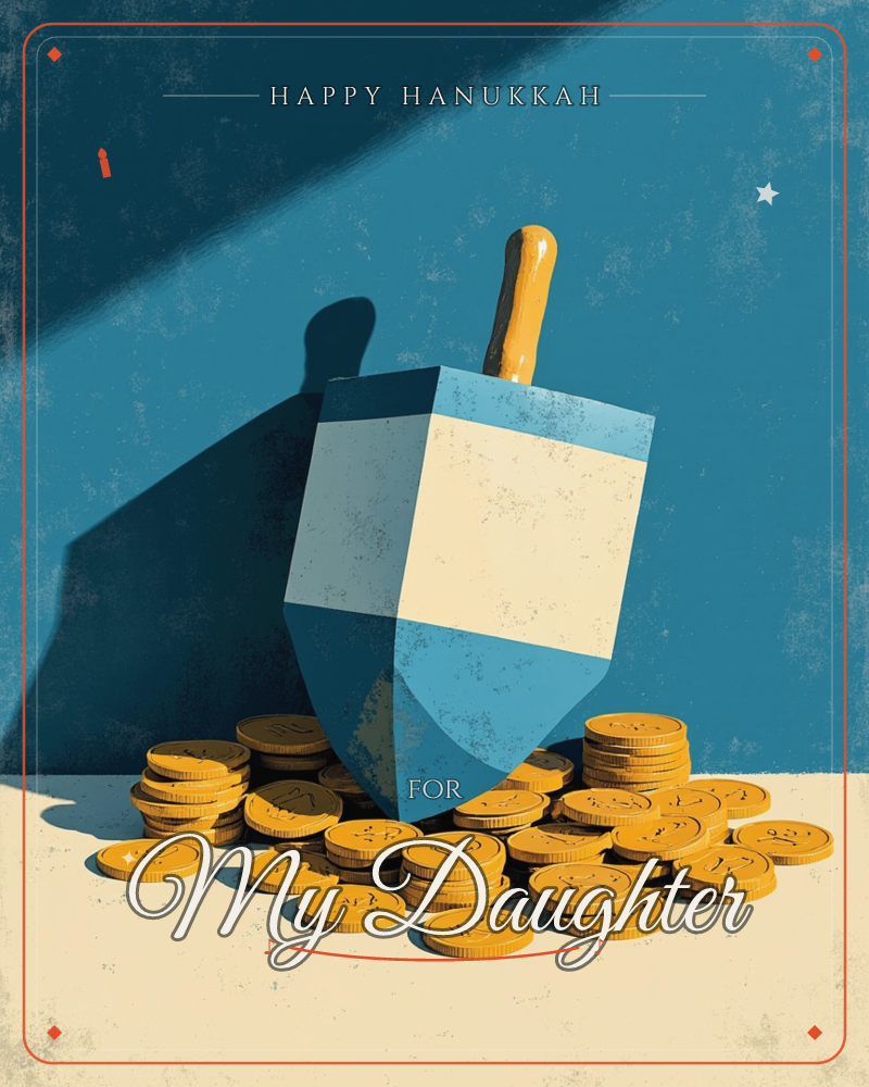 A tall blue and cream dreidel stands upright on a pale tabletop, surrounded by scattered gold chocolate coins, its long shadow cutting diagonally…, a hanukkah e-card design