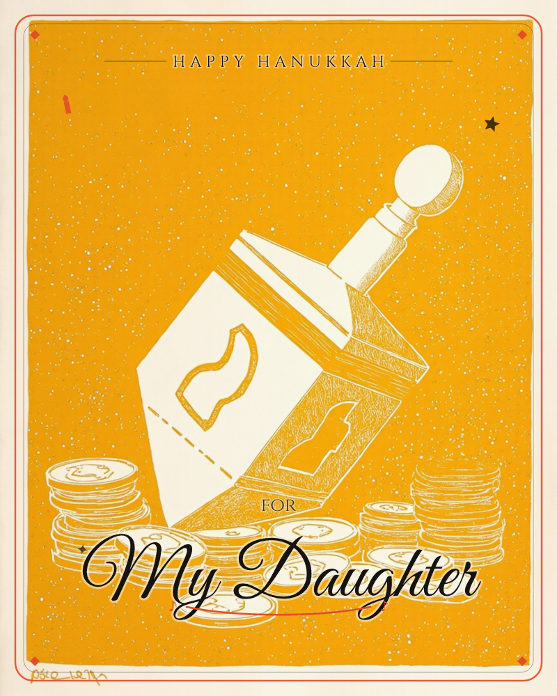 A large dreidel tilts mid-spin against a bright mustard-gold background flecked with tiny specks like scattered light, a hanukkah e-card design