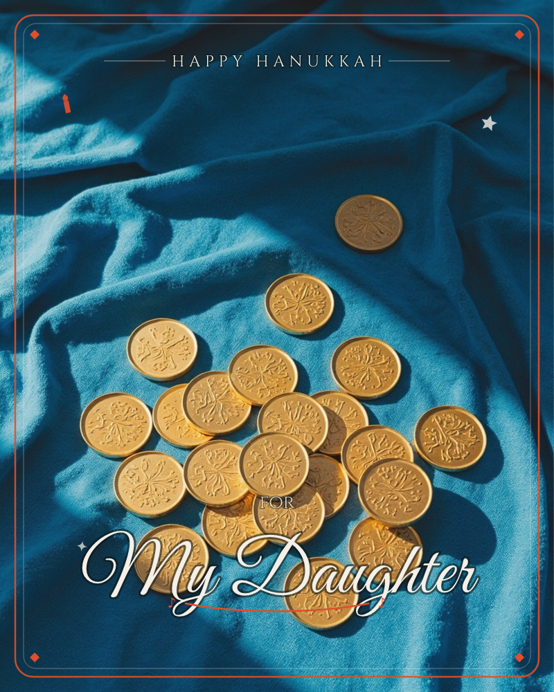 A cluster of gold foil-wrapped chocolate coins, each stamped with a snowflake pattern, lies scattered across a rumpled deep teal velvet cloth, a hanukkah e-card design