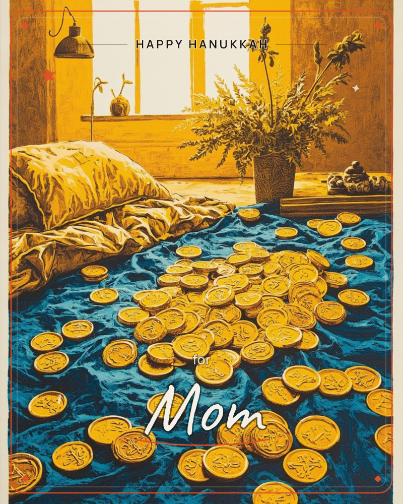 A pile of gold coins spills across a rumpled blue blanket in a sunlit room, with a plump pillow to one side and a vase of dried flowers on the…, a hanukkah e-card design