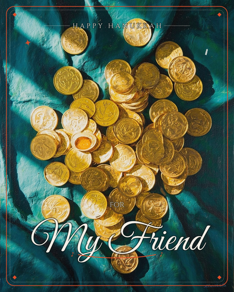 A pile of gold foil-wrapped coins spills across a rumpled emerald-teal cloth, caught in a shaft of light that throws long diagonal shadows across the…, a hanukkah e-card design