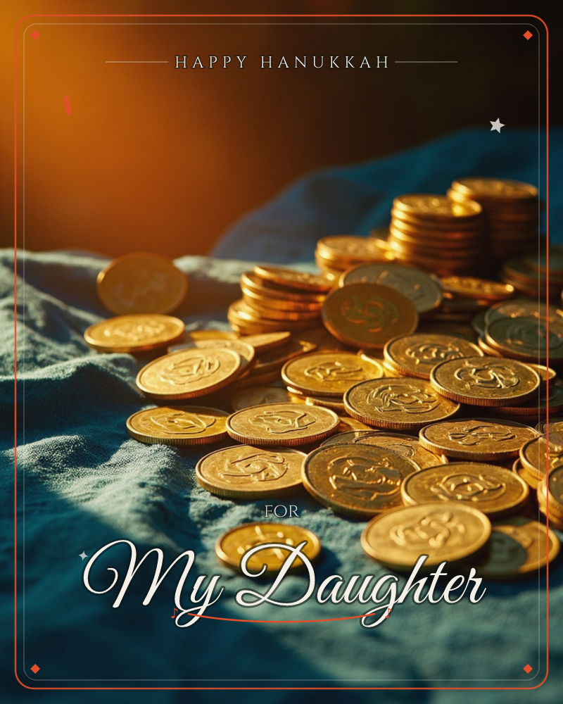A heap of gold coins is scattered and stacked across a deep teal cloth, catching a warm amber light from one side that fades into darkness behind, a hanukkah e-card design