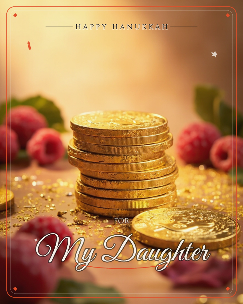 A stack of gold chocolate coins glows under warm honeyed light, with one coin tipped over in front and a scatter of gold flecks across the table, a hanukkah e-card design