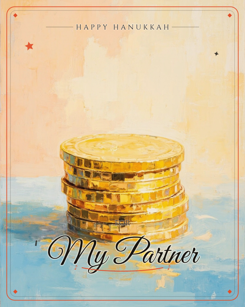 A tidy stack of gold coins glows against a soft horizon of peach and pale blue, painted in loose, buttery brushstrokes, a hanukkah e-card design