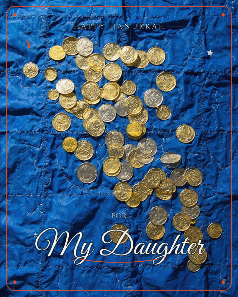 A scatter of gold and silver coins spills across a quilted deep-blue fabric, its stitched seams catching the light like a treasure map grid, a hanukkah e-card design