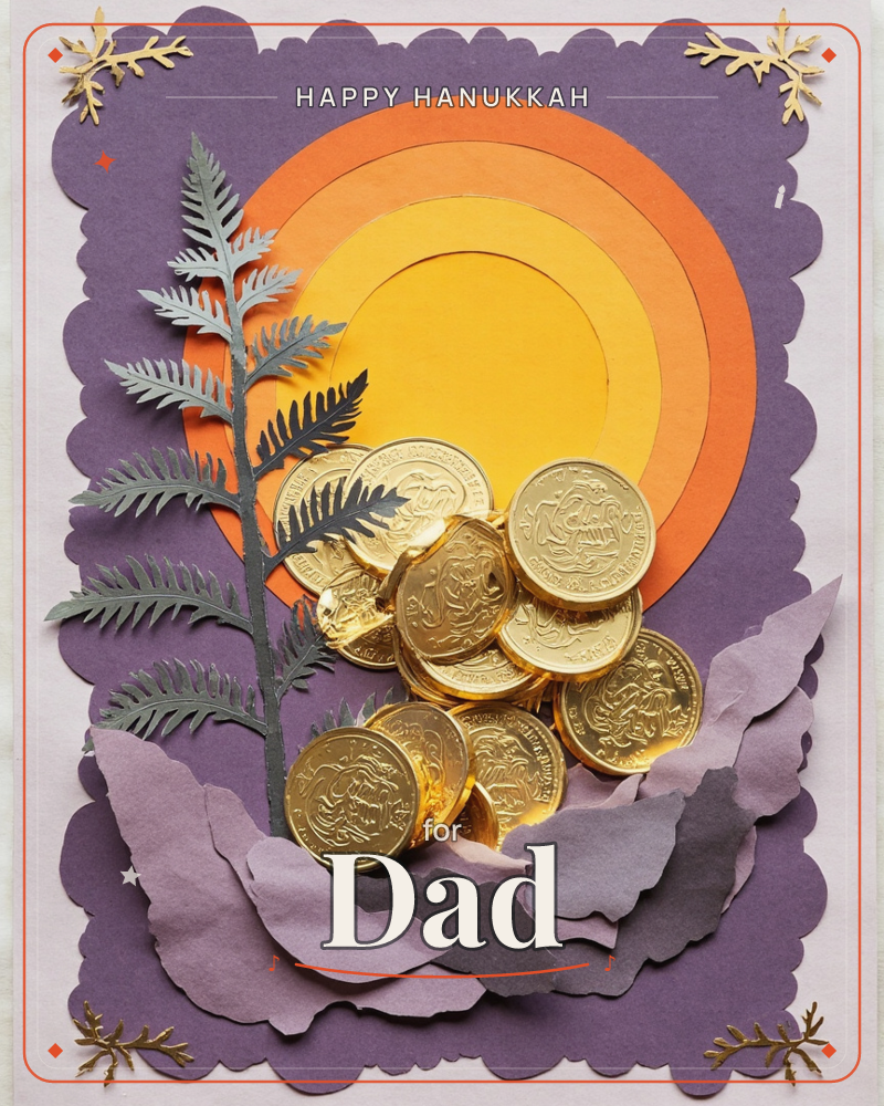 A layered paper-craft card shows a glowing sun made of concentric orange and yellow circles rising over a purple scalloped background, with a pile of…, a hanukkah e-card design
