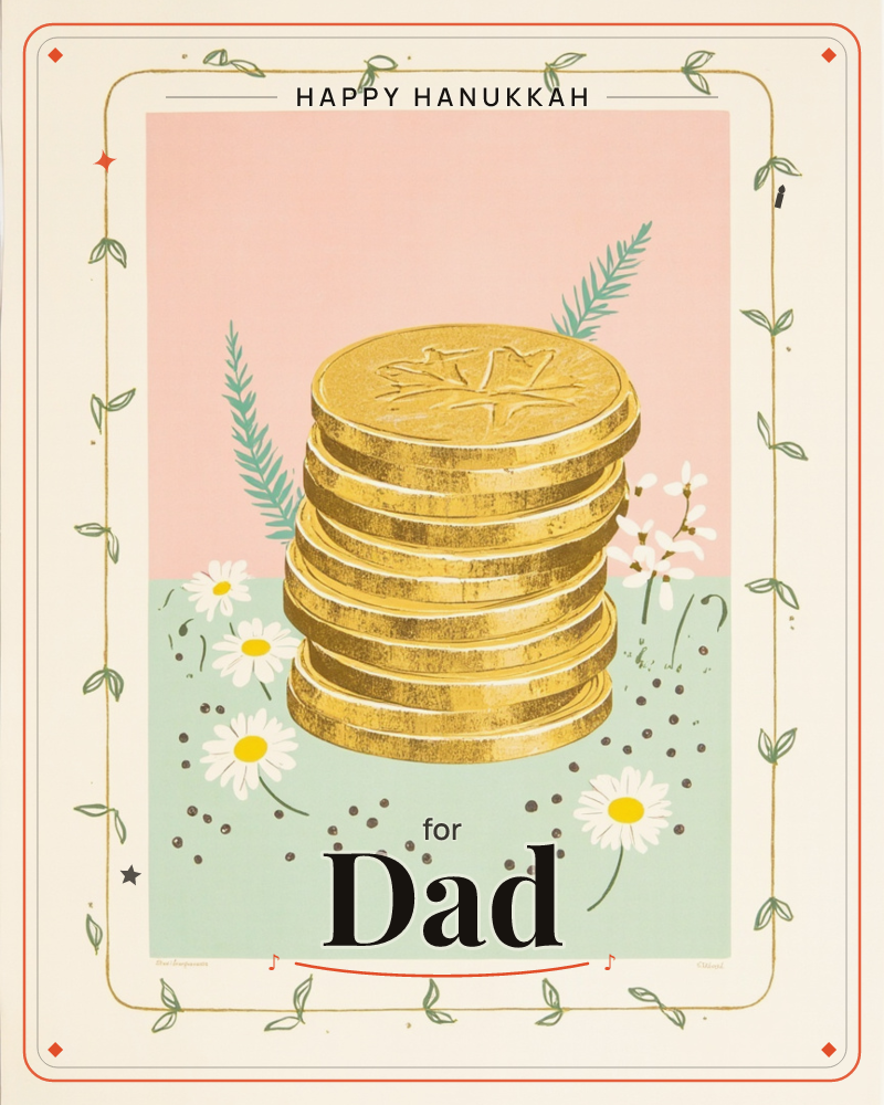 A tall stack of gold coins embossed with a leaf pattern stands at the center of the card, set against a two-tone background split between soft pink and…, a hanukkah e-card design