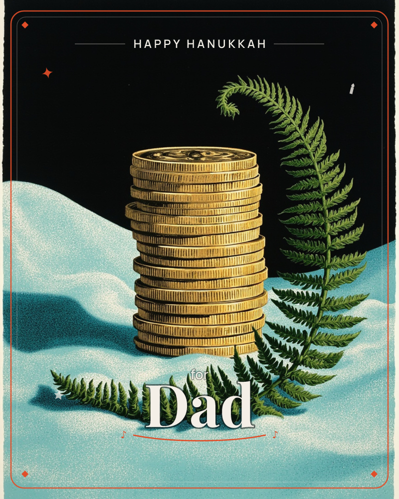 A tall stack of gold coins rises from a pale turquoise fabric drape, flanked by two curling fern fronds against a deep black background, a hanukkah e-card design
