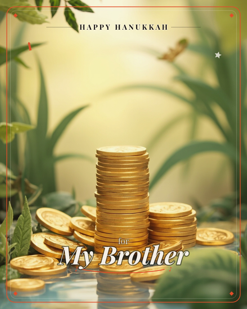 A tall stack of gold coins rises among scattered coins on a reflective surface, surrounded by soft green foliage and blades of grass, a hanukkah e-card design
