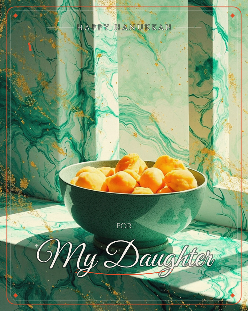 A round green ceramic bowl heaped with glossy orange fruit sits on a marbled surface swirling with emerald veins and gold flecks, a hanukkah e-card design