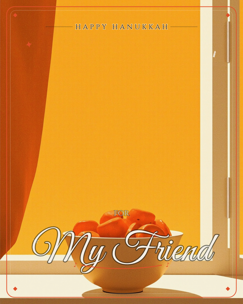 A cream bowl heaped with ripe persimmons sits on a warm sill beside a tall window, its wooden shutter cracked open to let in golden light, a hanukkah e-card design