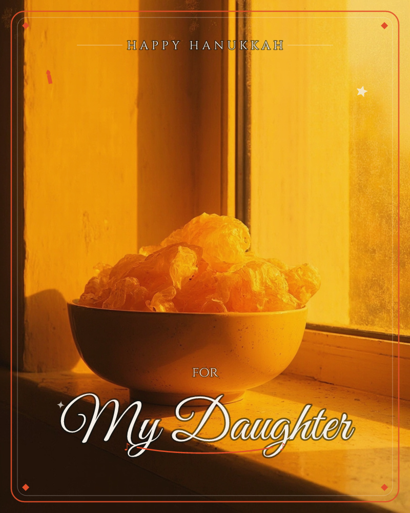 A speckled ceramic bowl sits on a wooden windowsill, heaped with crinkled, translucent dried petals or peelings that catch the light like crumpled…, a hanukkah e-card design