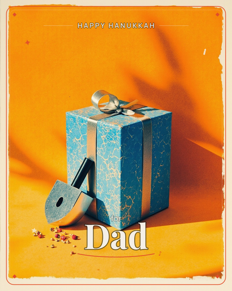 A single gift box wrapped in cracked turquoise marbled paper with a silver ribbon sits on a bold orange backdrop, dramatic leaf-shadows falling across…, a hanukkah e-card design
