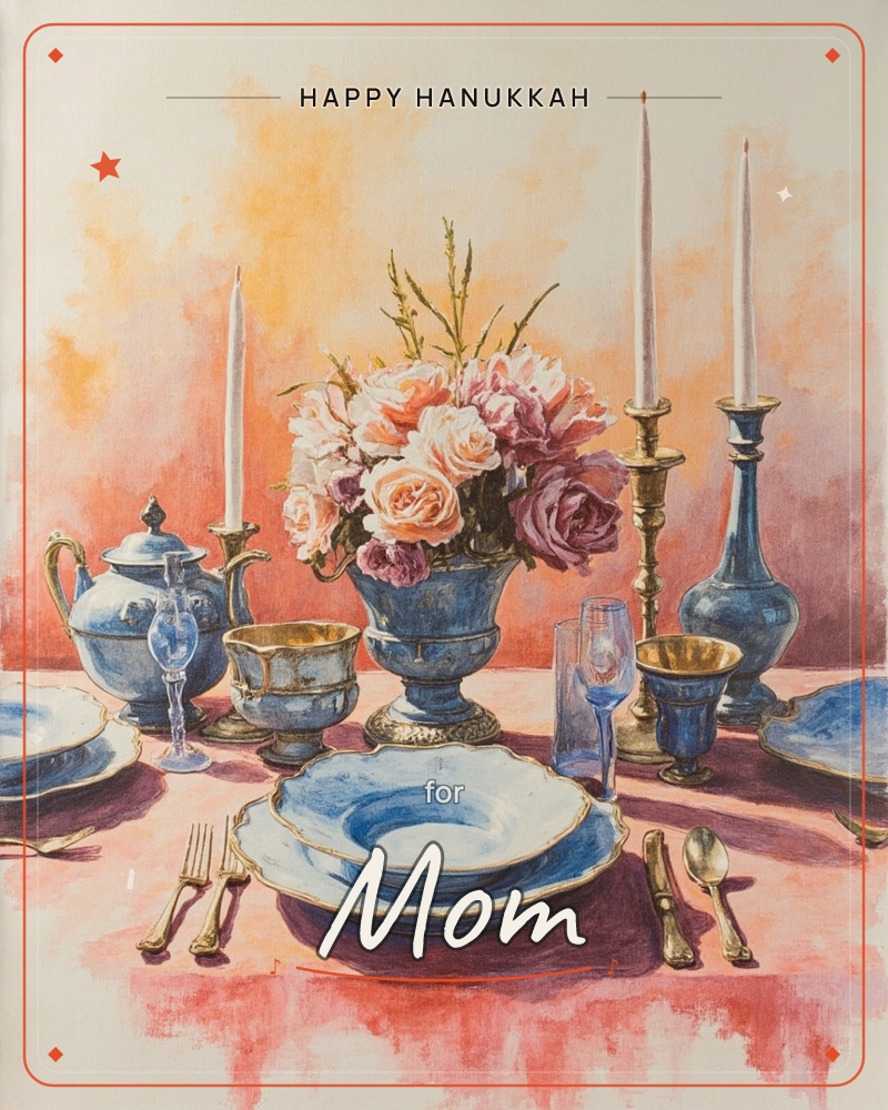 A formally set table glows in warm peach and rose light, with blue-and-gold china, tall tapered candles in brass holders, and a small urn of pink and…, a hanukkah e-card design