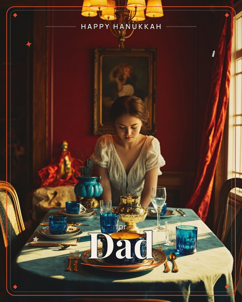 A woman in a white puffed-sleeve blouse leans over a formally set dining table in a deep red room, arranging blue glassware and a gilded teapot beneath…, a hanukkah e-card design