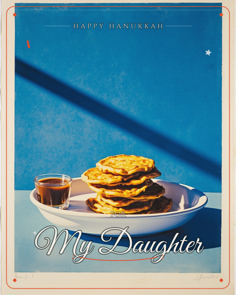 A stack of golden pancakes sits piled on a white plate beside a small glass of dark syrup, set against a bold blue backdrop with a sharp diagonal…, a hanukkah e-card design